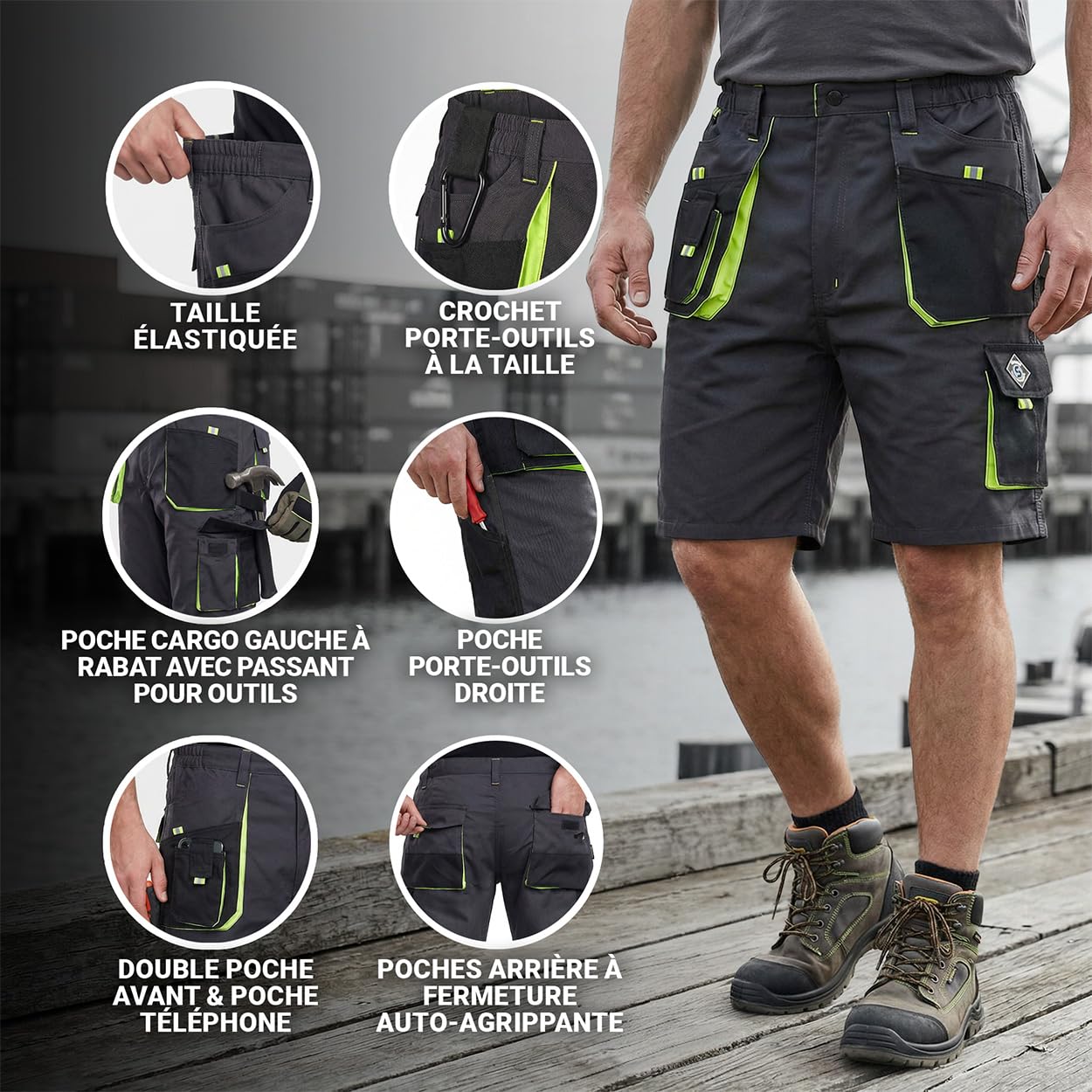 Stenso Kastor Short Cargo Homme - Haute Durabilité, Short de Travail Homme avec Poches Avant et Arrière, Taille Élastique
