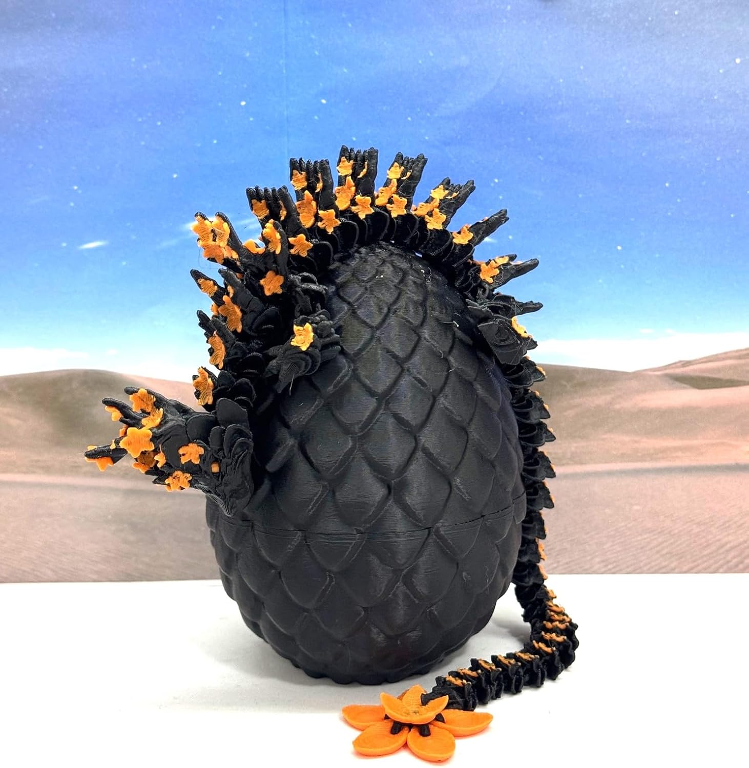 3D Printed Dragon Egg, 12 Inch Black & Orange Cherry Blossom Fidget ADHD Autism Sensory Toy D064-BE