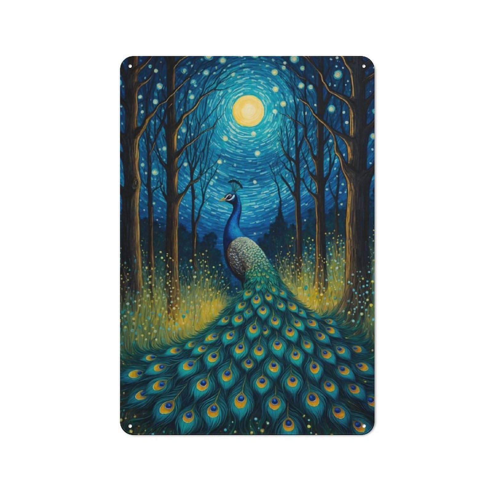 Junmoney Peacock Moonlight Starry Night Distressed Look Decorative Tin Sign 30X20cm, Retro Room Decor For Lounge, Study, Pub Or Wall Gallery