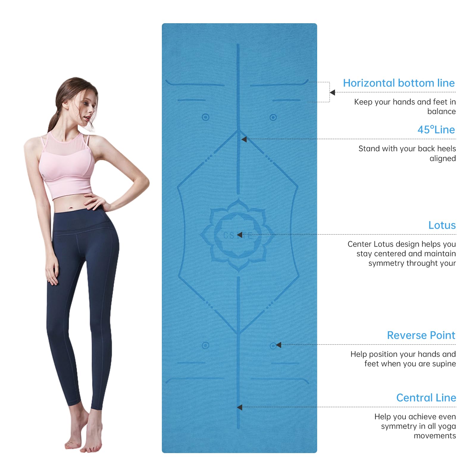 CSITE Toalla para esterilla de yoga con puntos de agarre de silicona y diseño rectangular, toalla antideslizante con línea de alineación + 1 toalla de mano, 72 x 24 pulgadas, azul oscuro