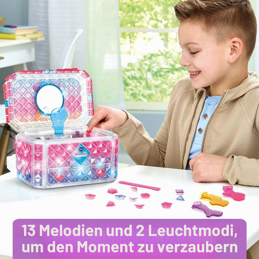 VTech - Mosaic Magic Lights Schmuckschatulle – Mosaik-Set für Kinder – personalisierbare Geheimnisbox mit Lichteffekten und Musik – kreatives und DIY-Spiel – Geschenk für Kinder ab 5 Jahren – Inhalt