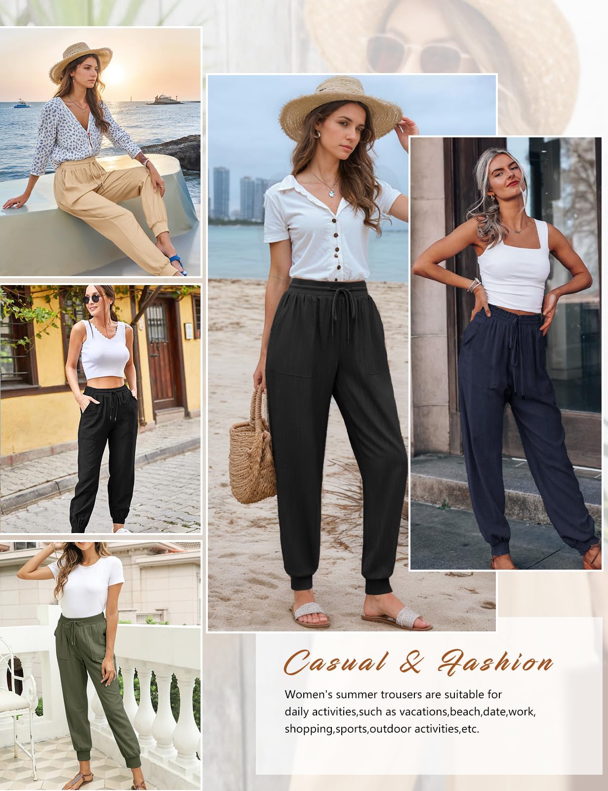 Yuson Pantalones Mujer Verano Lino Palazzo Cintura Alta Rectos Cómodos Bolsillos Cordón