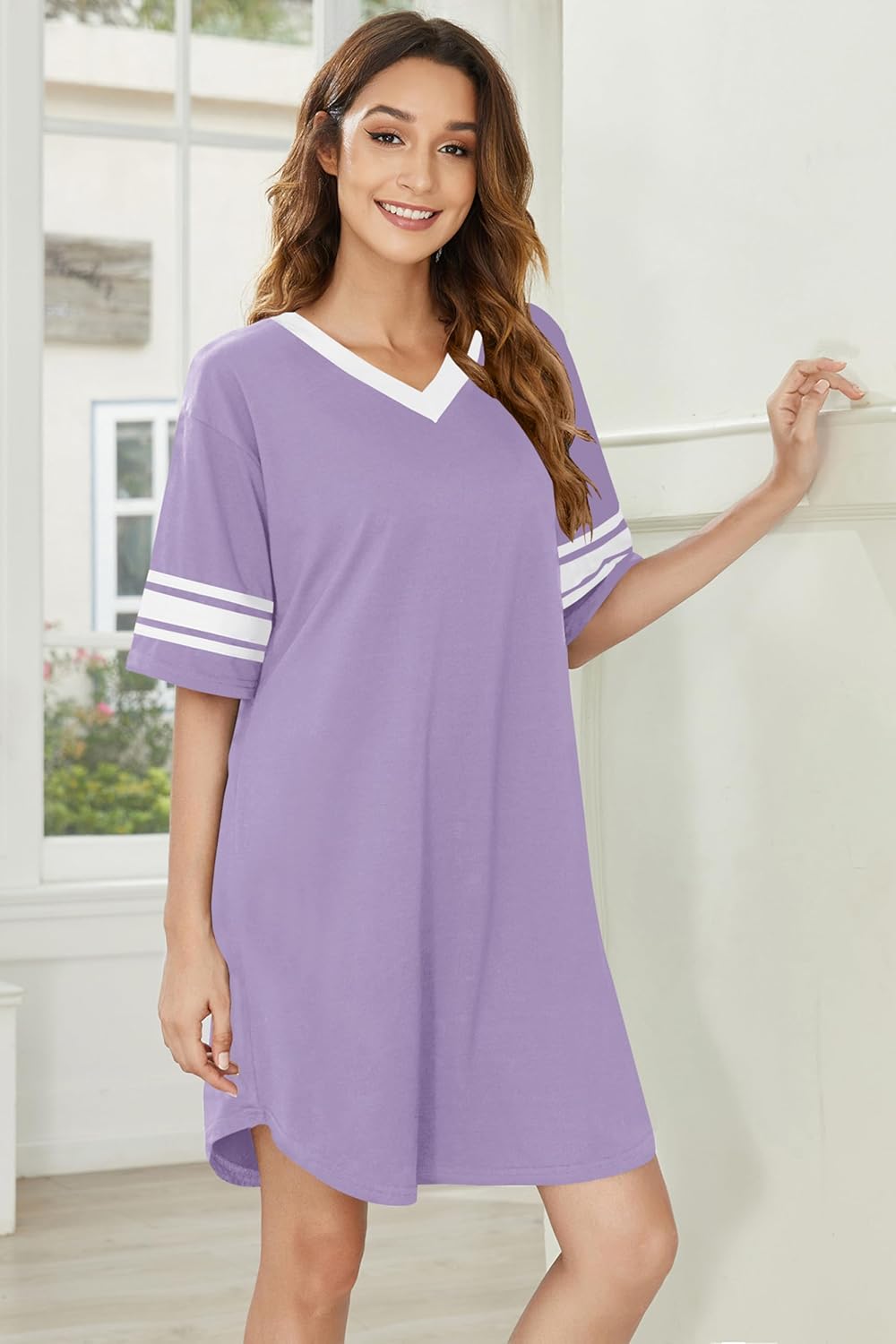 Ekouaer Nightgowns for Women 2 Pack Sleepshirts Short Sleeve Nightshirt V Neck Sleepwear Casual Pajama Dress - Image 2