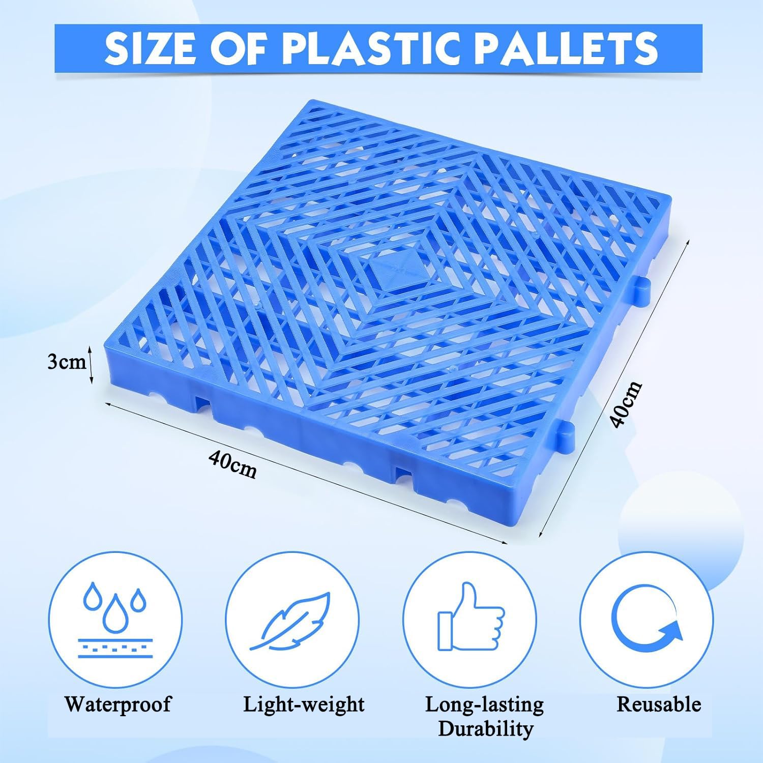 Lot de 6 palettes en plastique, Palettes légères en plastique avec grille aérée, pour supermarchés, garages et les caves, 40x40x3 cm