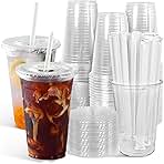 Ginkgo 100-Pack 20oz Clear Plastic Iced Coffee Cups with Lids and Straws, Disposable To Go Cups for Smoothies, Milkshake, Cold Beverages, Coffee Bar Accessories