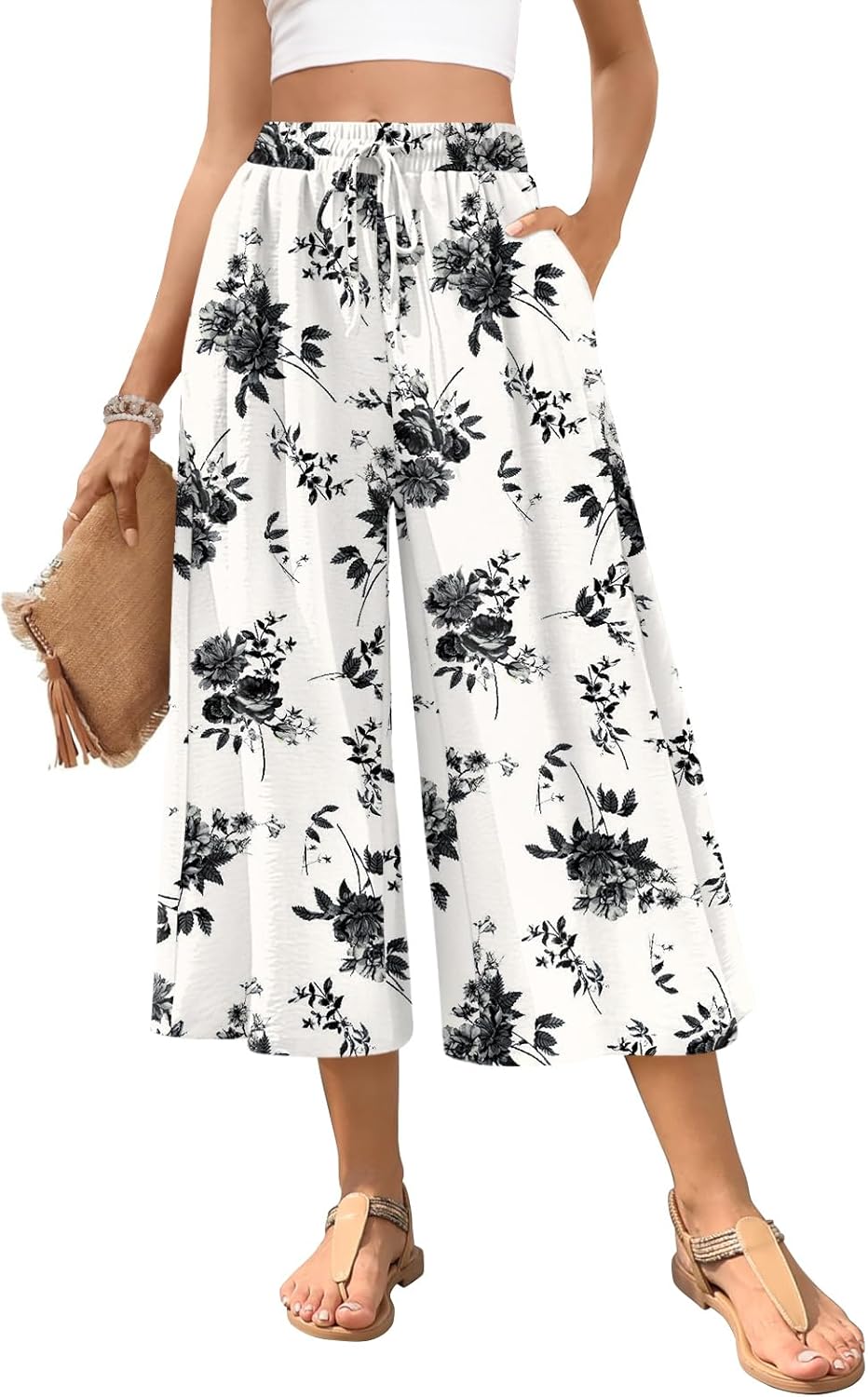 POPYOUNG Womens Capri Pant Dressy Casual Wide Leg Palazzo Pants Flowy Gaucho Pants Drawstring Trousers with Pockets