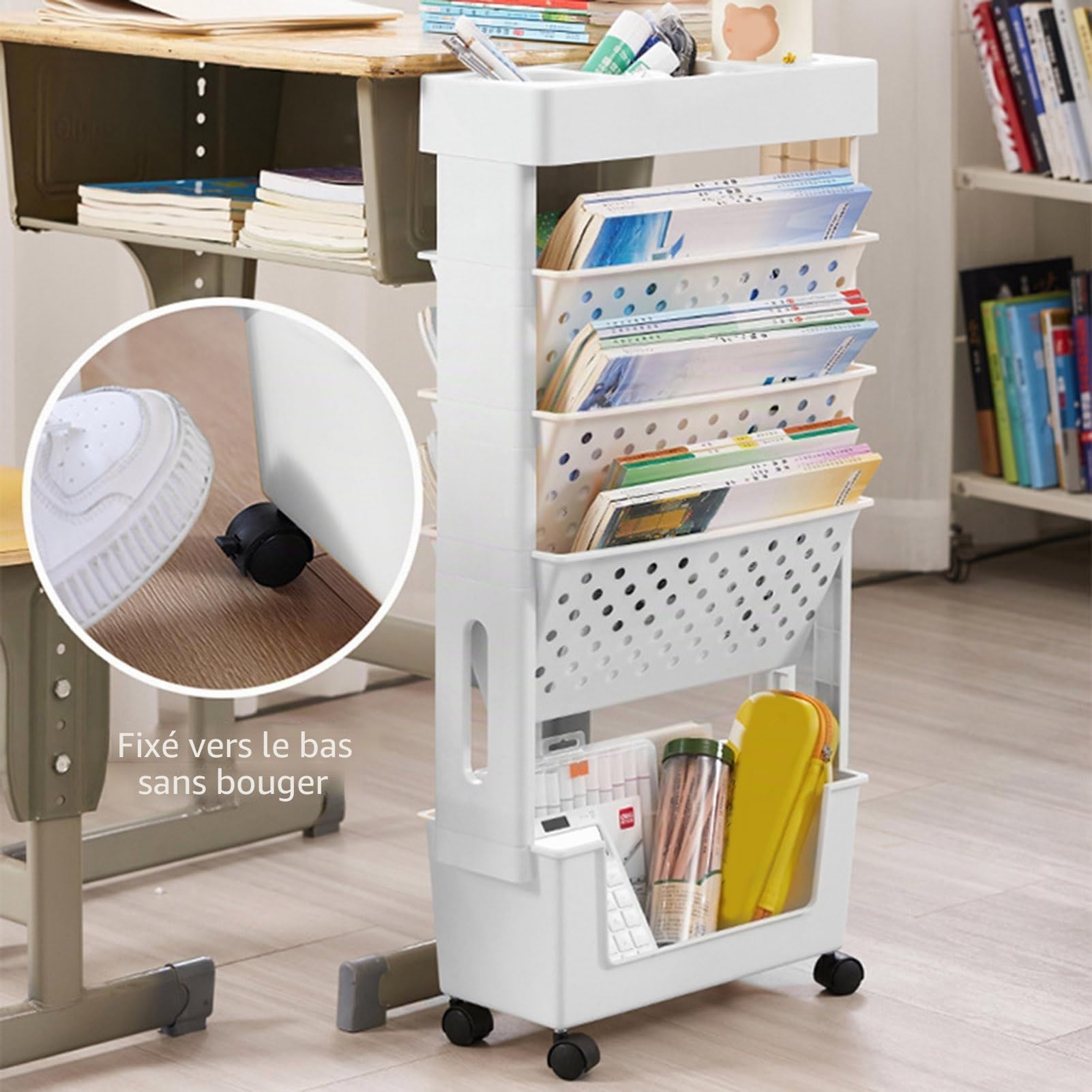 Bibliothèque mobile à 5 niveaux avec roulettes verrouillables, étagères roulantes, chariot utilitaire pour livres, documents, maison, bureau, salle de classe, organisation de rangement, blanc