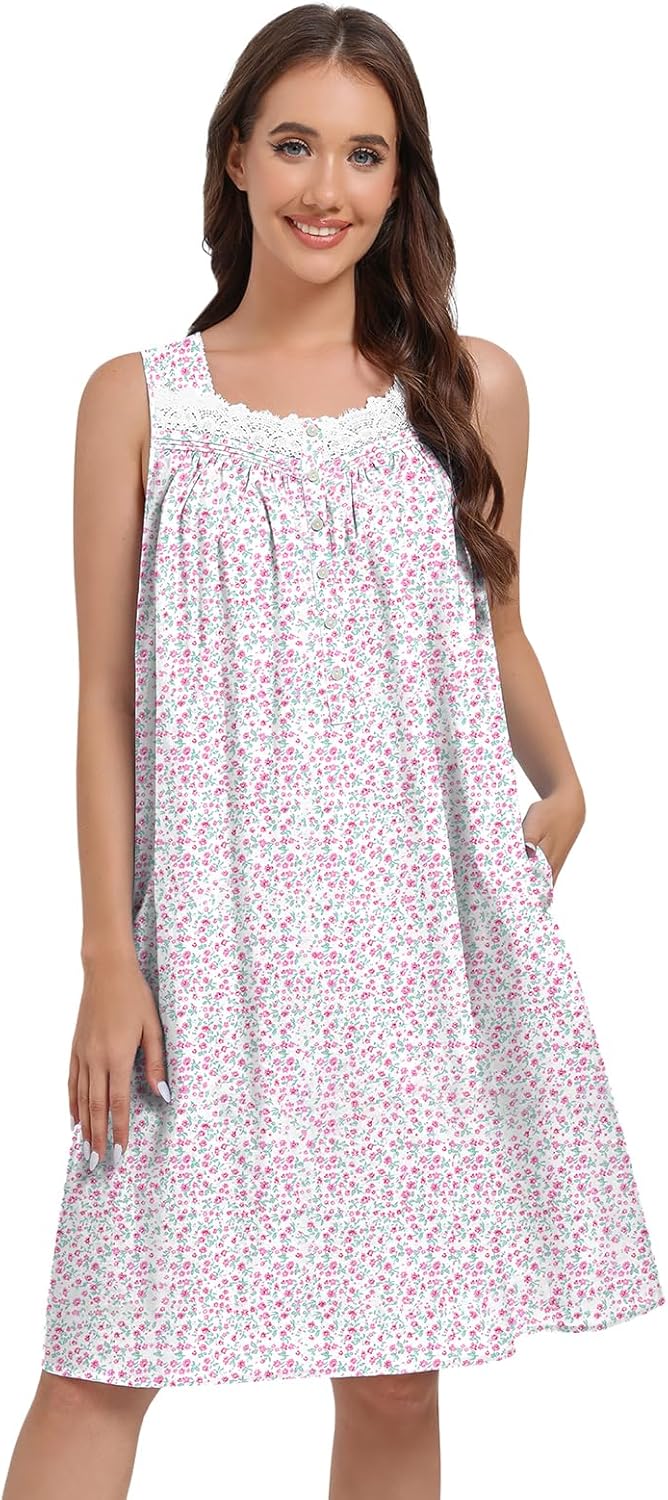 FMIRREO Cotton Nightgowns for Women Sleeveless Sleep Dress with Pockets