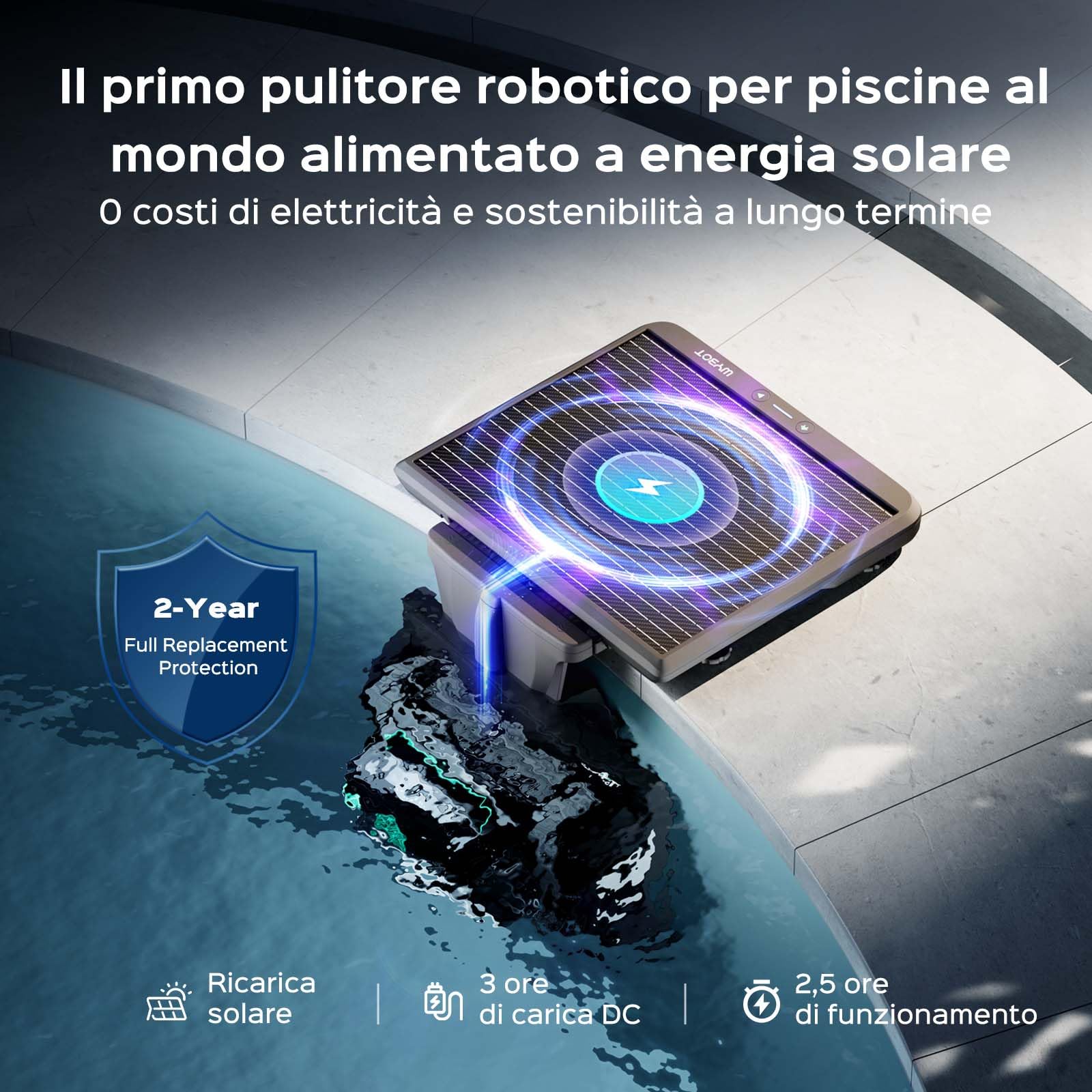 WYBOT S2 Solar Robot Piscina Cordless, 7 Modalità e 7 Vie, Ritorno Automatico E Ricarica, 2,5 Ore Di Autonomia, Doppia Filtrazione, Controllo App, Copre 300 m² (Nero)