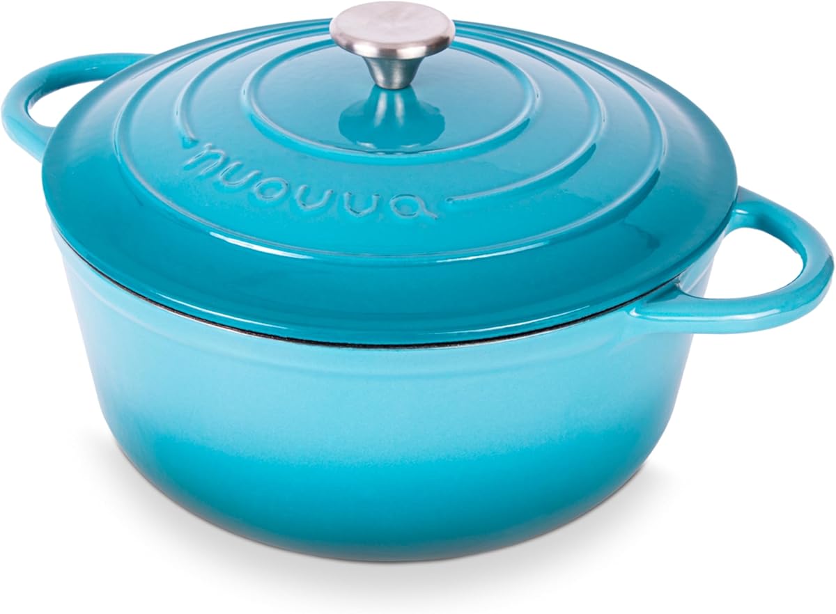 Nuovva Enamelled Cast Iron Dutch Oven Pot with Lid 6.4 Quart Non Stick Casserole Pot – Heavy Duty &amp; Oven Safe up to 500° F for Bread Baking, Braising, Stews, Roasting – 28cm Light Blue