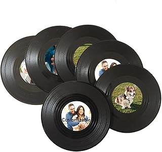 Personalized Coasters Custom Photo, Set of 6 Vinyl Record Coasters for Drinks Wall Decor Party Decoration Funny Disk Drinks Coasters for Music Lover, Personalized Gifts for Men Women