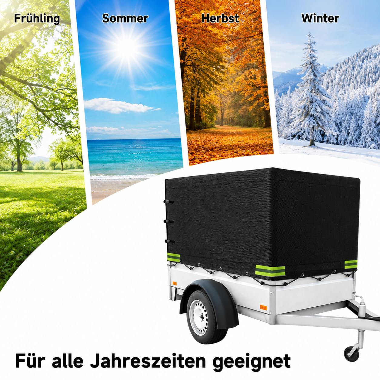 Anhängerplane Hochplane 210 x 114 x 90 cm, mit reflektierenden Streifen, Wasserdicht, UV-beständig & strapazierfähig, PKW-Anhänger Abdeckung aus Oxford-Gewebe für die meisten Anhängermodelle