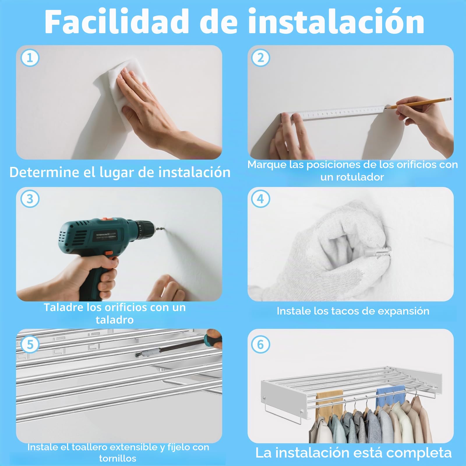 Tendedero de ropa montado en la pared | Tendedero retráctil | Tendedero plegable con varillas de 80 cm x 5 líneas para colgar | Secador de ropa plegable para baño interior y exterior (blanco)