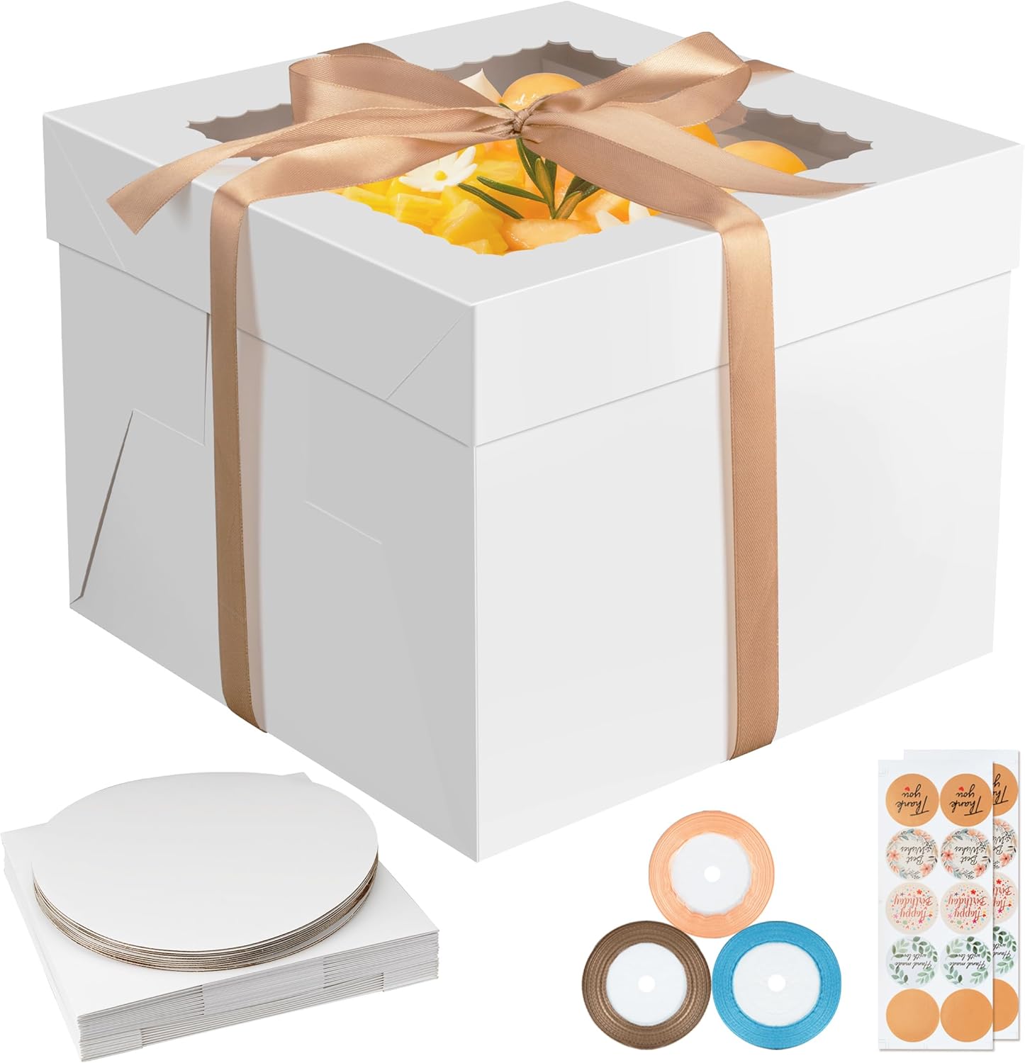 40PCS Cake Boxes with Boards - 10 Inch Cake Boxes with Window (20 Boxes & 20 Boards), Includes Ribbons & Stickers, 10x10x8 Inches Disposable Bakery Cake Box for Cookie, Pie, Birthday, White