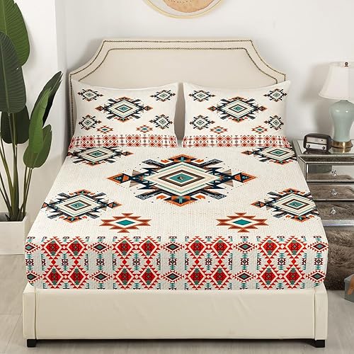 Miniatura 3 de Manfei Sábana bajera ajustable geométrica étnica tamaño individual, juego de ropa de cama de estilo indio americano, 2 piezas para niños y niñas,