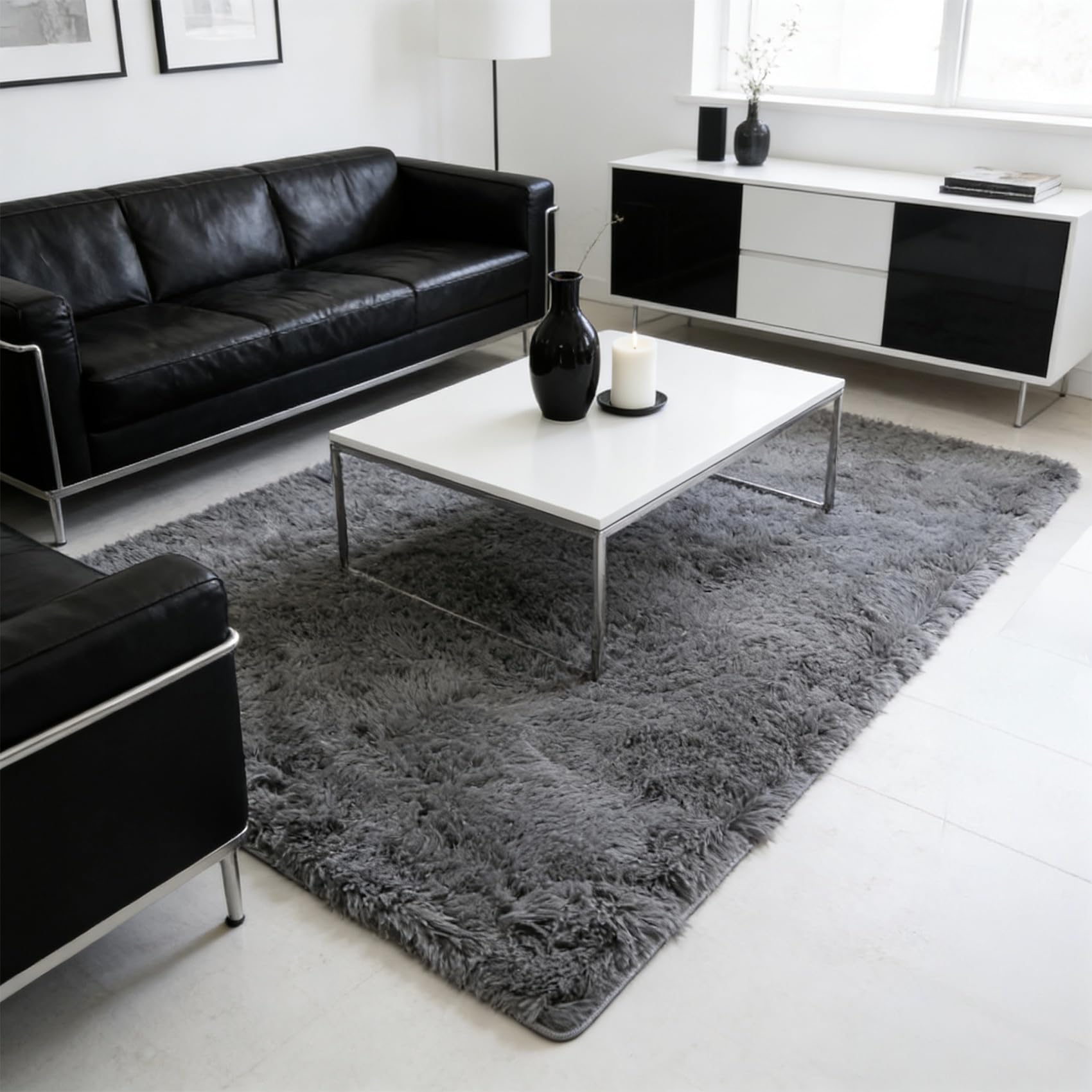 Tapis salon moelleux gris pour chambre et bureau chaleureux de 155x110 cm