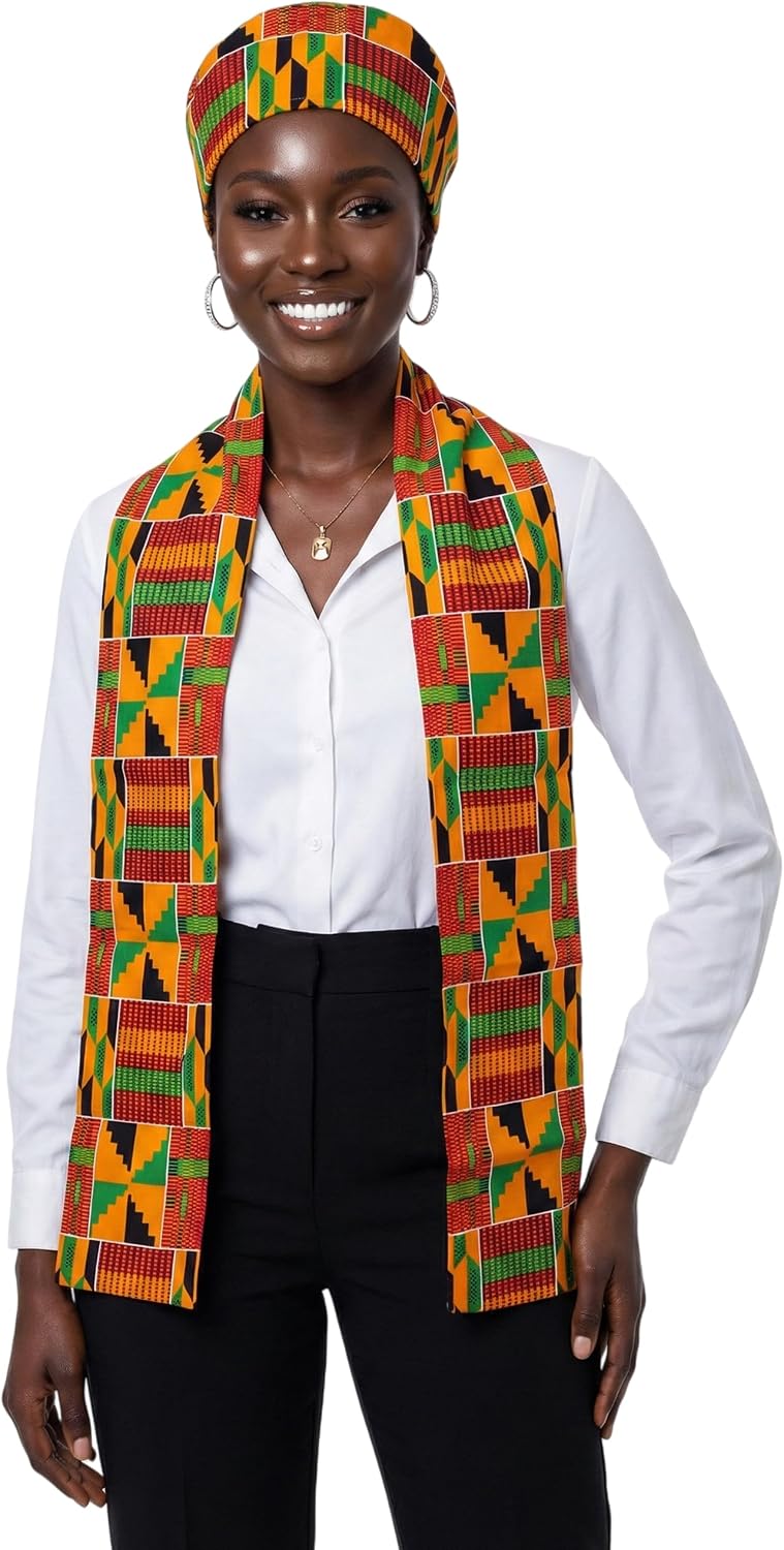 African Kente Graduation Stole Scarf Cap Set Traditional Geometric Cultural Celebration Heritage Ceremony Outfit