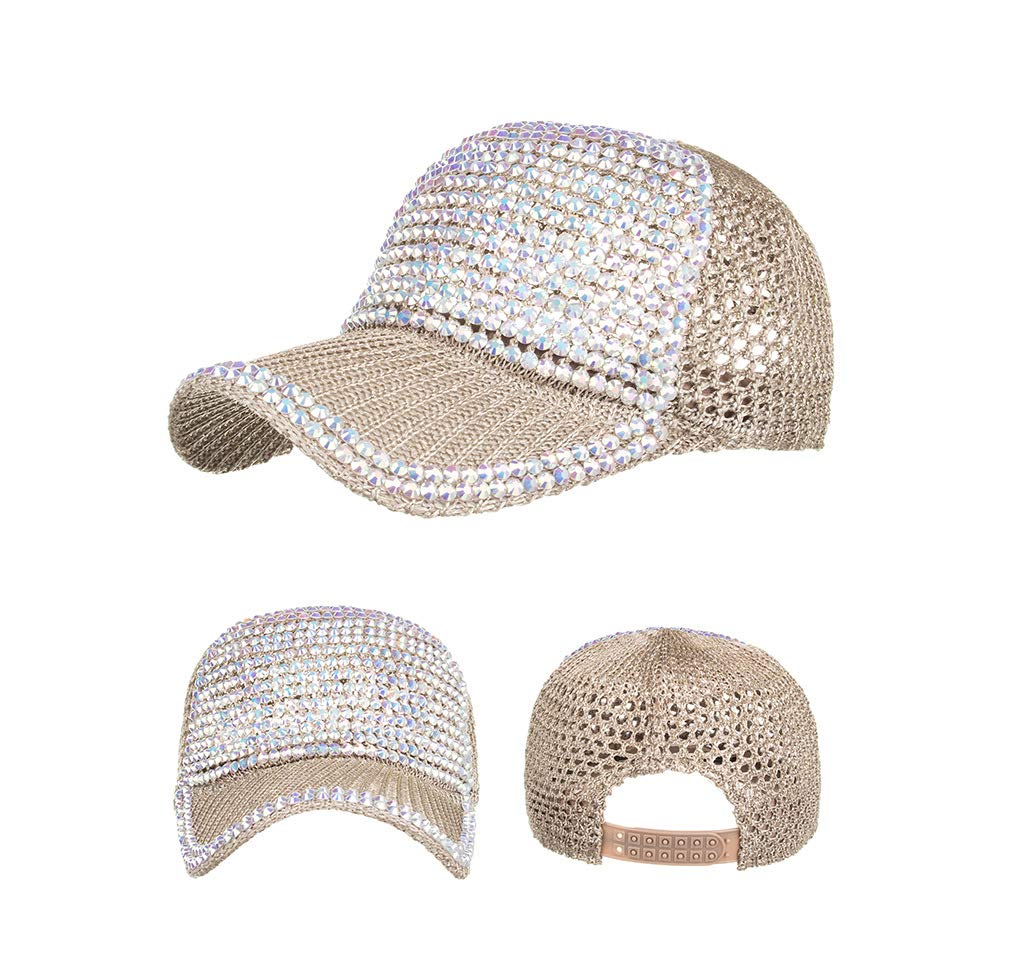 Gorra de béisbol de malla ajustable con cristales de diamantes de imitación y tachuelas, para mujeres y hombres, gorra deportiva informal brillante y transpirable, B- Caqui, 7 - 7 1/2 2