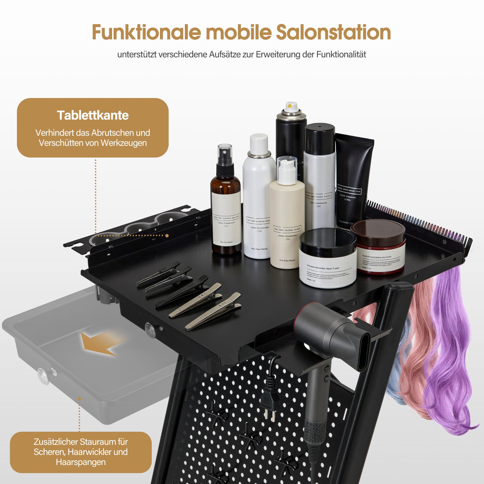 BarberPub Friseurwagen mit Schublade & 2 Ablagen, Friseur Arbeitswagen, Beauty Salon Trolley Metall, Rollwagen 47x39x94cm Schwarz