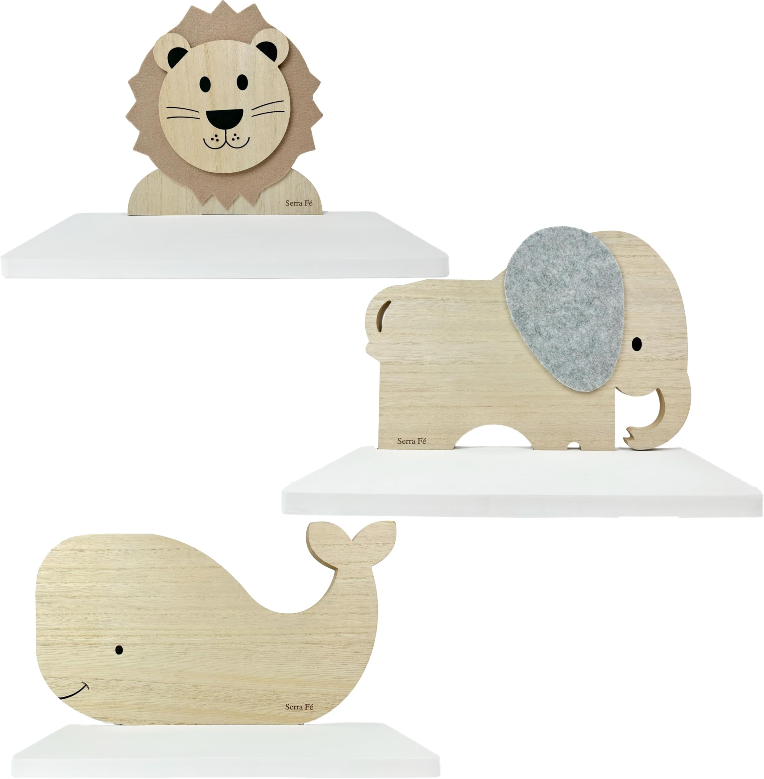 Serra Fé Animal Shelves for Kids Room | wooden shelves | 3 wall shelves to decorate and organize your child/baby room | Shelf animals with fabric details