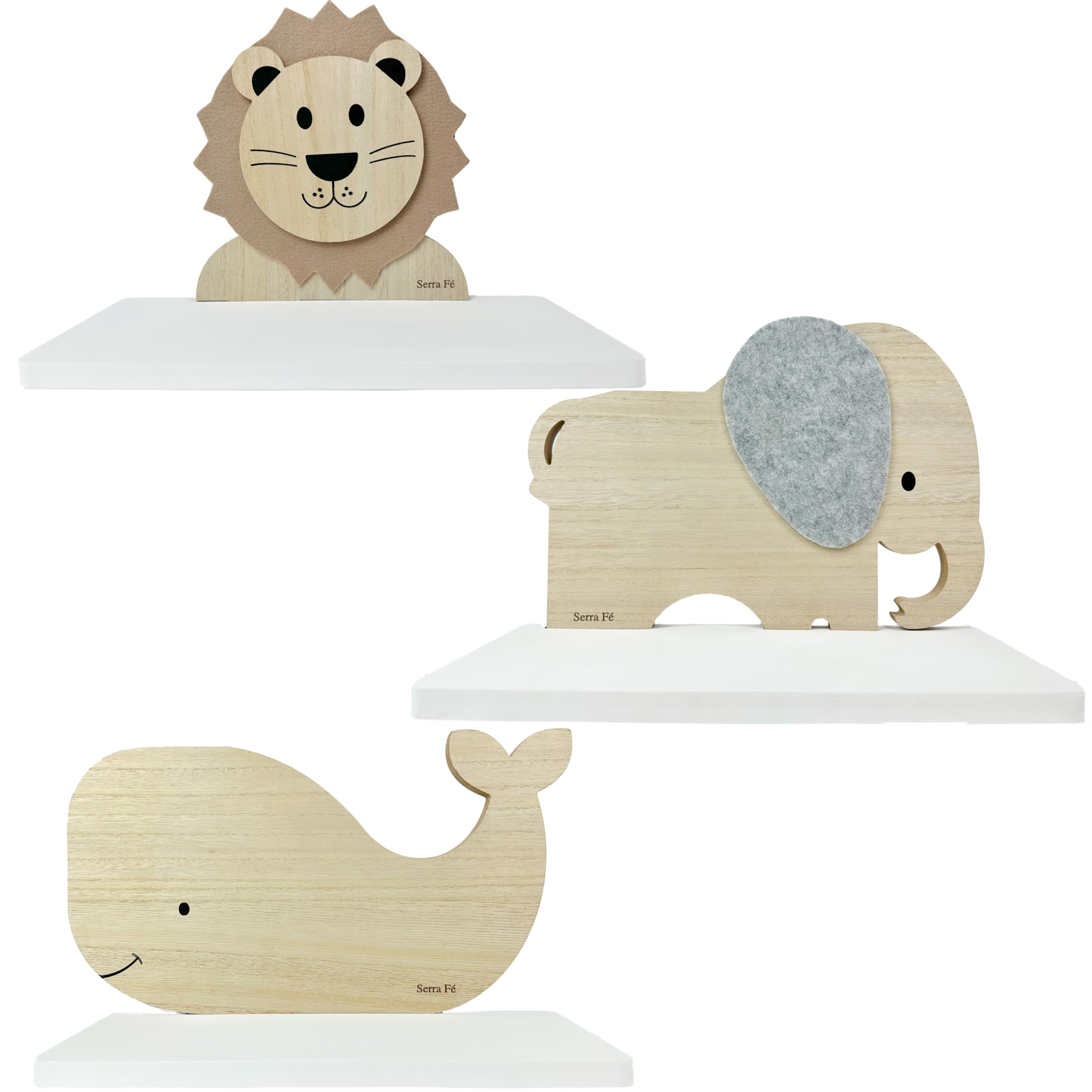 Serra Fé Animal Shelves for Kids Room | wooden shelves | 3 wall shelves to decorate and organize your child/baby room | Shelf animals with fabric details