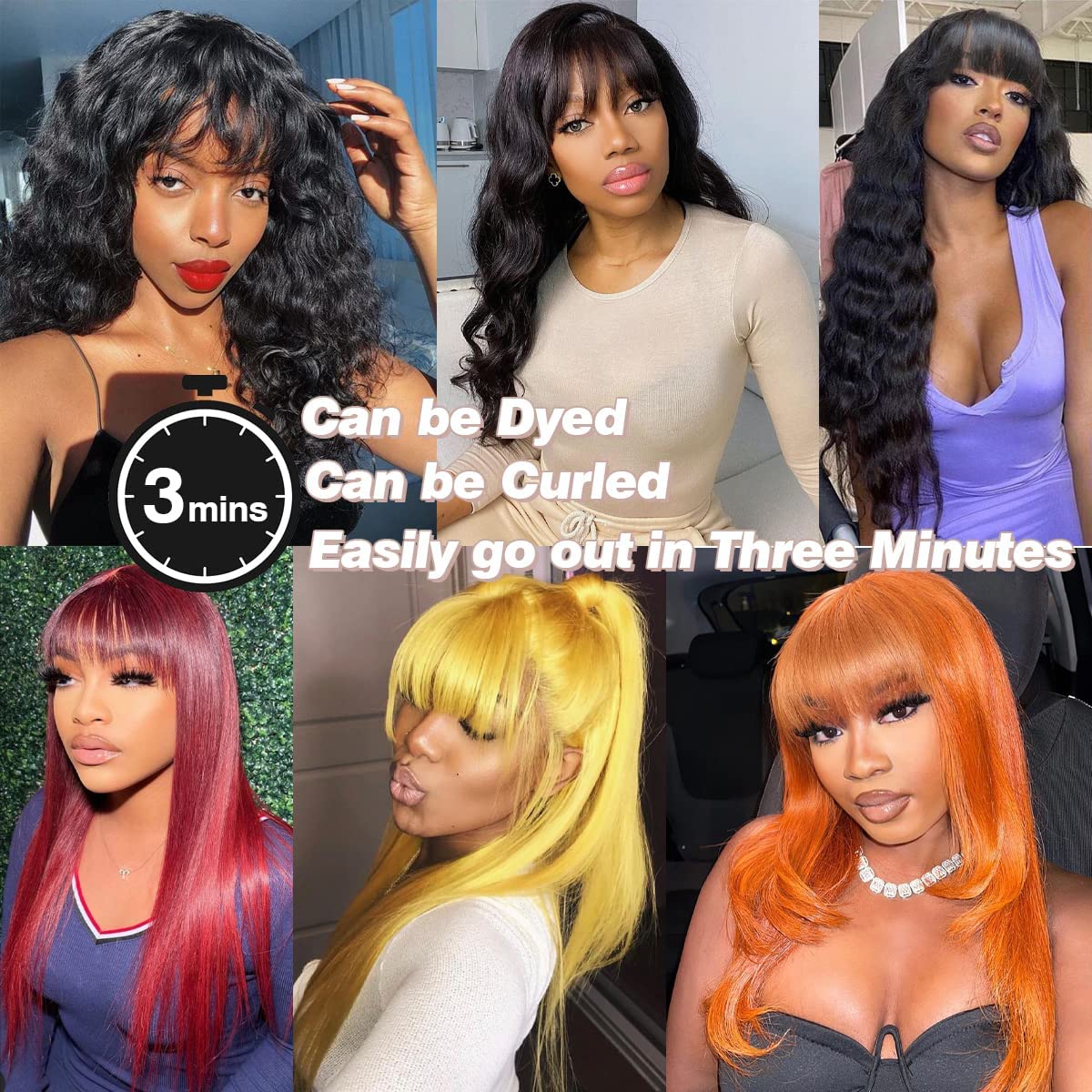 Straight Bang Wig Human Hair for Women Brazilian Virgin Human Hair Wig with Bang Machine Made Glueless Wig 150% Density Wig with Fringe 24 Inch Natural Black Color - Image 3