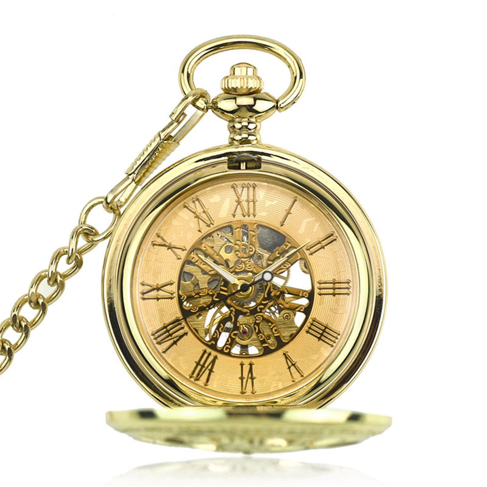 Reloj de bolsillo, reloj de bolsillo con cadena, movimiento de esqueleto vintage, con colgantes mecánicos, números romanos, regalos para el día del padre