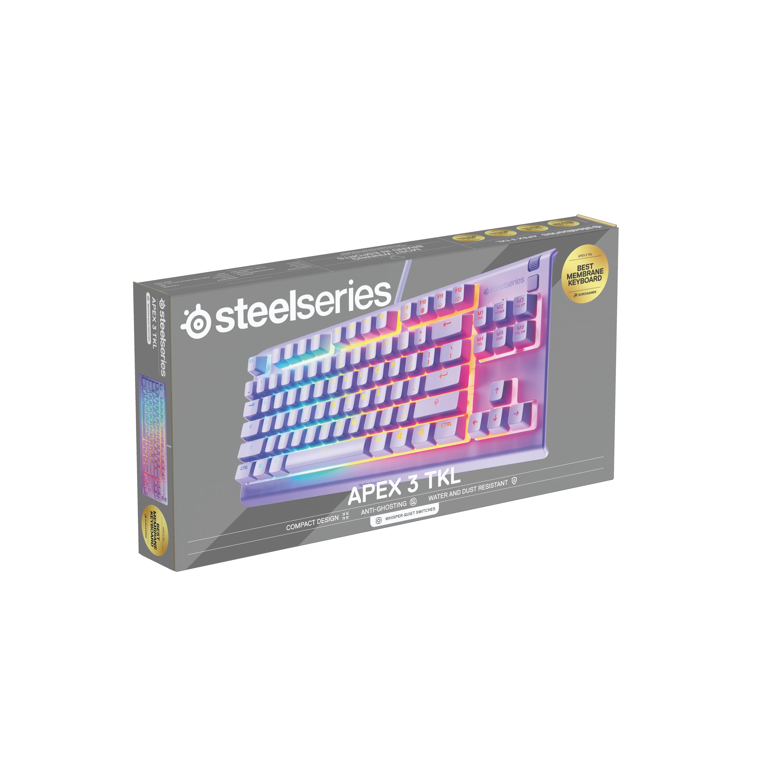 SteelSeries Apex 3 TKL Lawendowa RGB - klawiatura dla graczy – Obudowa bez części numerycznej – 8-strefowe podświetlenie RGB –Odporna na wodę i kurz –Niezwykle cichy przełącznik mechaniczny -UK QWERTY