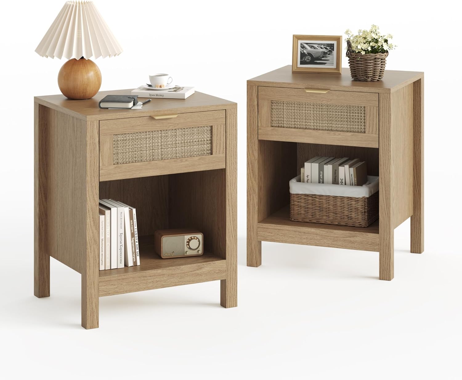 Fluted Farmhouse Nightstands Set of 2, Night Stand with Drawer and Storage Shelf, Teslin Wooden End Table for Living Room, Side Table for Bedroom, Natural Oak