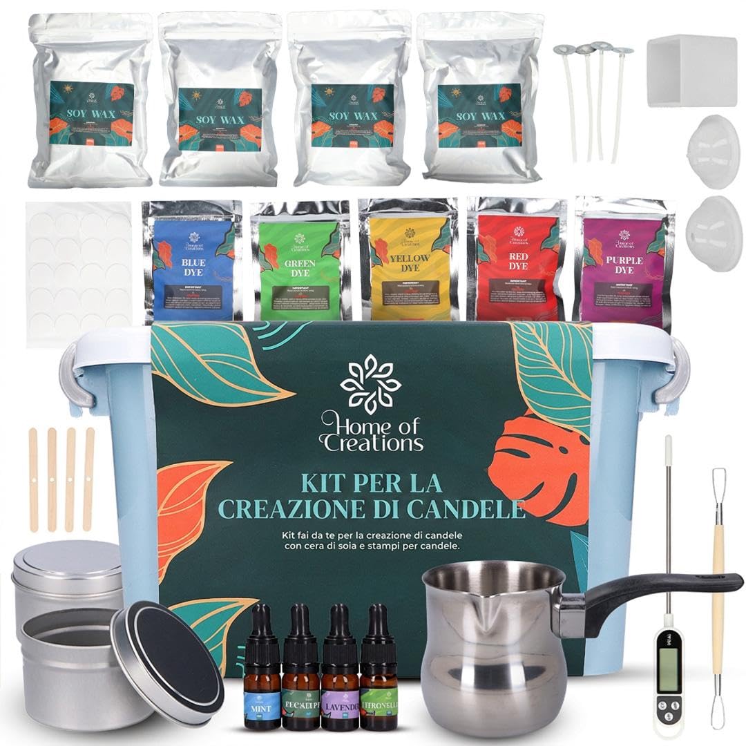 Kit Candele DIY con 1 kg Cera di Soia e Stampi | 1 kg cera di soia, stampi in silicone, aromi lavanda, vaniglia e agrumi, pigmenti e guida per candele DIY