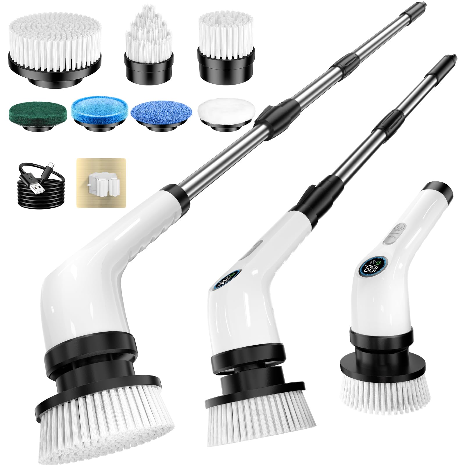 Electric Spin Scrubber, Full-Body IPX7 Waterproof Cordless Power Cleaning Brush with Adjustable Extension Handle, 2-Speed Shower Scrubber with 7 Replaceable Brush Heads for Bathroom, Kitchen Cleaning
