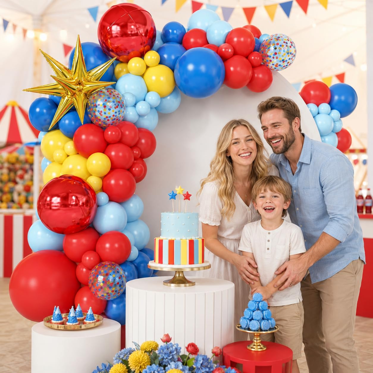Czerwono-niebiesko-żółta girlanda z łukiem balonowym, zestaw ze złotą gwiazdą, balony foliowe, czerwone, okrągłe balony 4D, na przyjęcie urodzinowe, karnawał, cyrk, dekoracje tematyczne