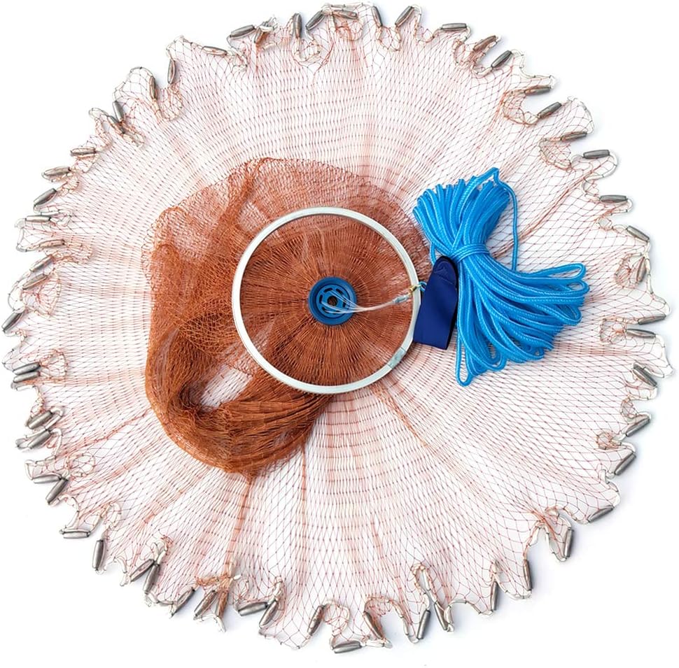 Drasry Fishing Cast Net with Aluminum Ring 3/8 or 1/2 Mesh for Saltwater Freshwater Bait Shrimp Trap Fish Throw Net Heavy Duty Sinker. Size 4FT/5FT/6FT/7FT Radius