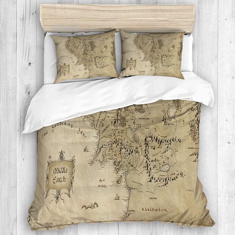 Soft Cosy Duvet Cover Quilt Bedding Set,Lord Of The Ring Map of Middle Earth,Easy Care Microfiber Duvet Cover (Double-200x200cm)
