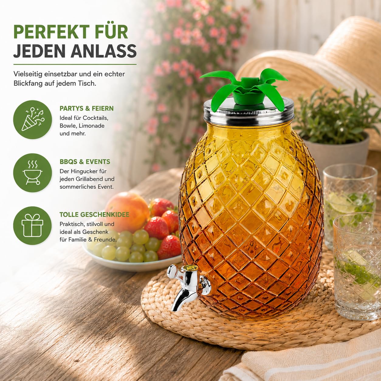 2er Set Getränkespender je 4,5L Ananas Glas mit Zapfhahn Getränkebehälter Saftspender Limonadenspender Partyspender Deckel 30cm für Cocktails Eistee Spender - gelb orange