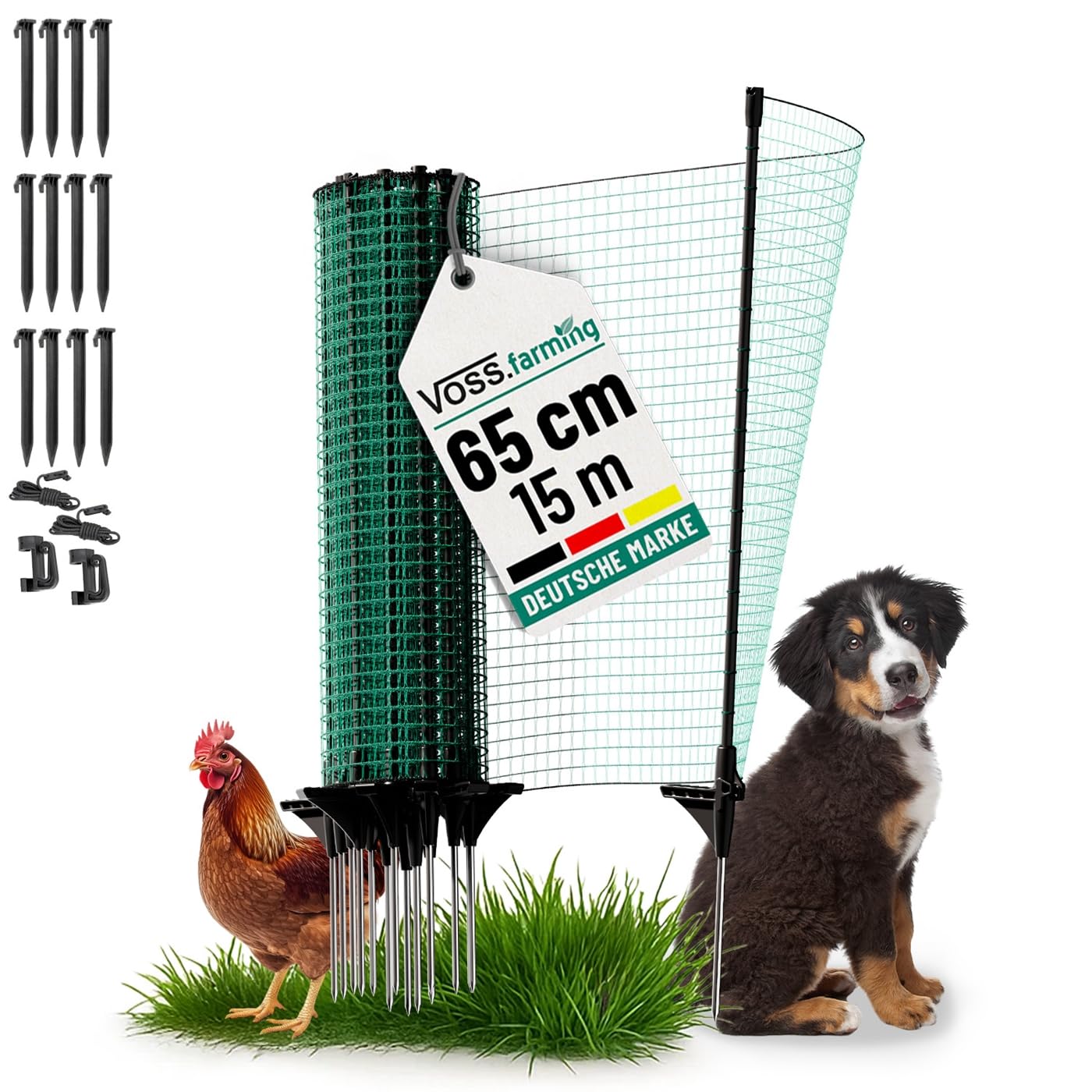 VOSS.farming Begrenzungszaun Classic ohne Strom, 15m, 65cm, 9 Pfähle, 1 Spitze, grün, Kleintiernetz, mobiler Zaun, Gartenzaun, für Garten, Haus, Hof