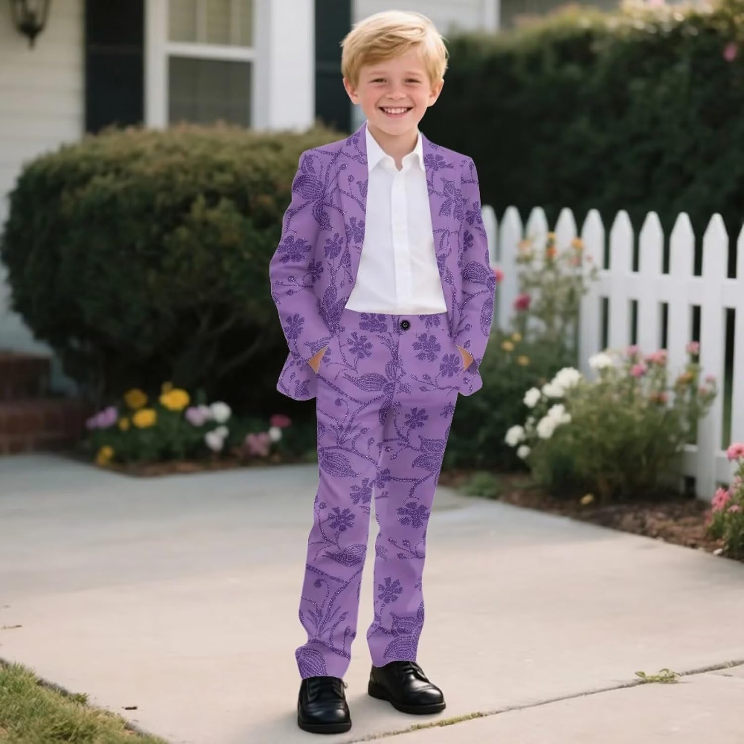 FUSURIRE Boys' Suit Blazer and Pants Set, One-Button Formal Suit Jacket with Elastic Waist Dress Pants for Wedding, Party