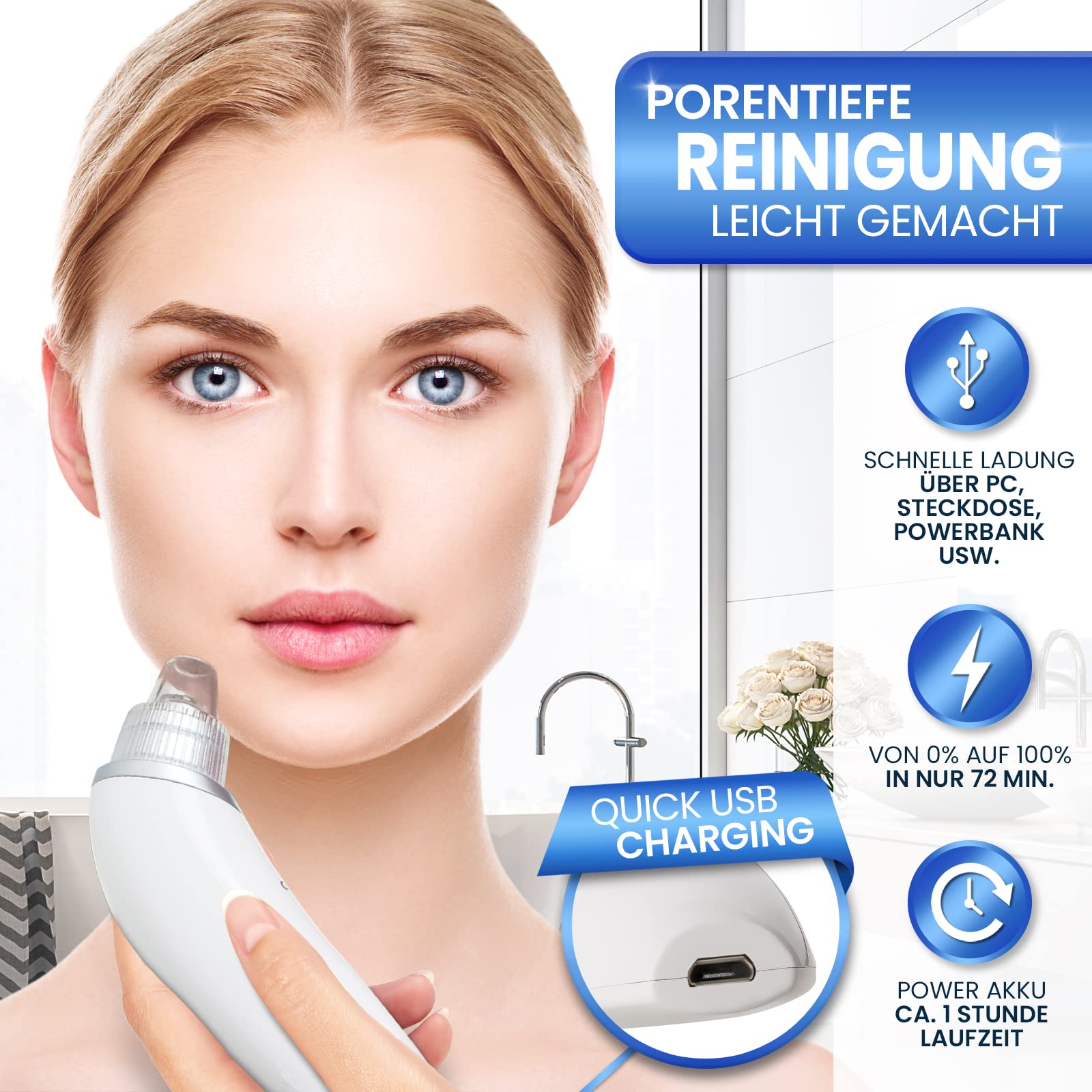 GRUNDIG Porenreiniger Mitesserentferner - Mitesser dauerhaft und schnell entfernen - Akku Porensauger mit 5 Wirkstufen, Hygienefilter 4 Profi Sauger Pflegeaufsätzen I Blackhead Remover (Gerät), Weiß