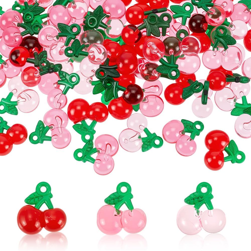 60Pcs Cherry Charms 3 Colors Transparent Resin Pendants Dangle Charms Red Mini Cherry Cute 3D Fruit Pendants for Earrings Bracelets Necklace Keychains Jewelry Making DIY Crafts Supplies
