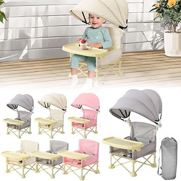 Foldable Booster Seat - Removable Tray Booster Toddlers Chair with Detachable Sunshade Travel Portable with Removable Tray for Indoor Outdoor Sit Folding Booster Feeding/Camping (White with Sunshade)