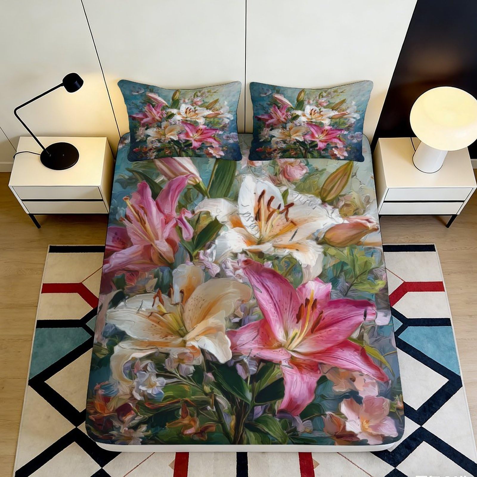 3D Printed Lily Fitted Sheet Microfiber Deep Pocket Non-Slip Bedroom Bedding Lily Mattress Fitted Cover Washable 140x200x25cm