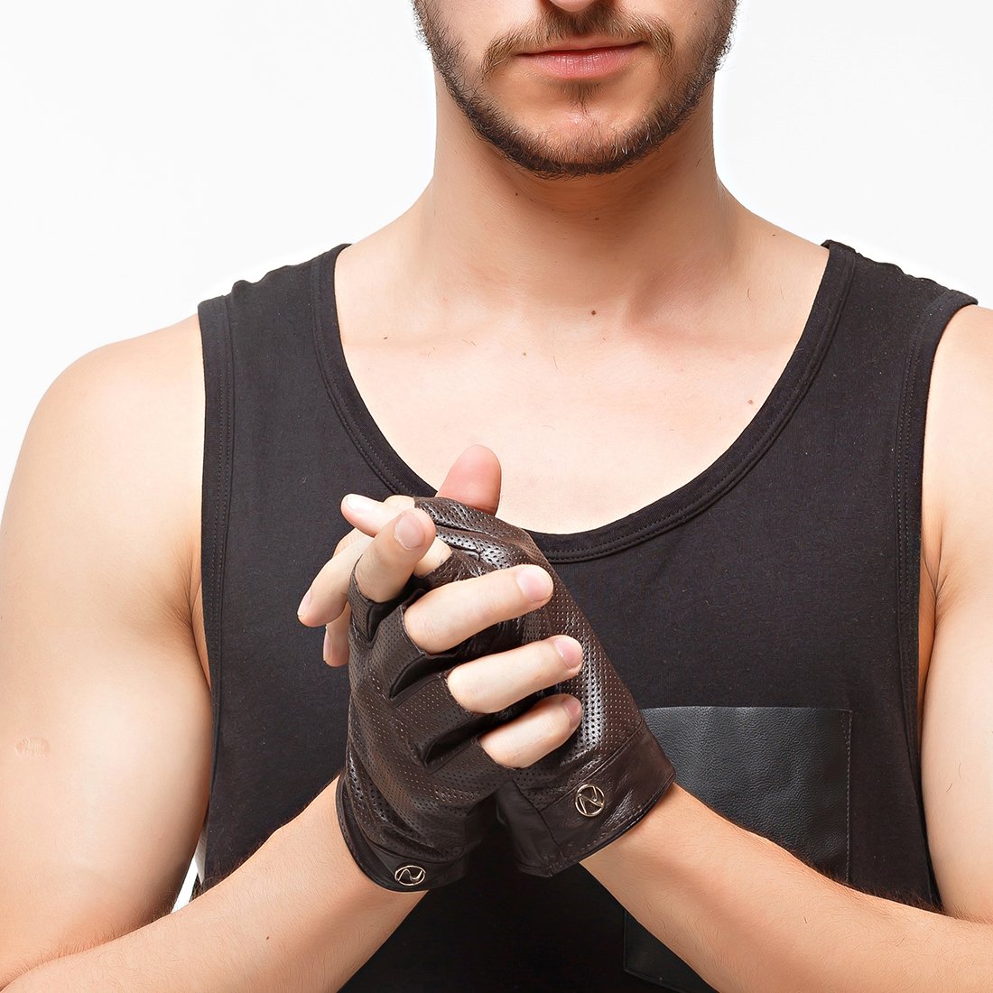 Nappaglo Men's Fingerless Gloves Imported Lambskin Leather Mesh Half Finger Driving Cycling Outdoor Unlined Gloves (S (Palm Girth:up to 8