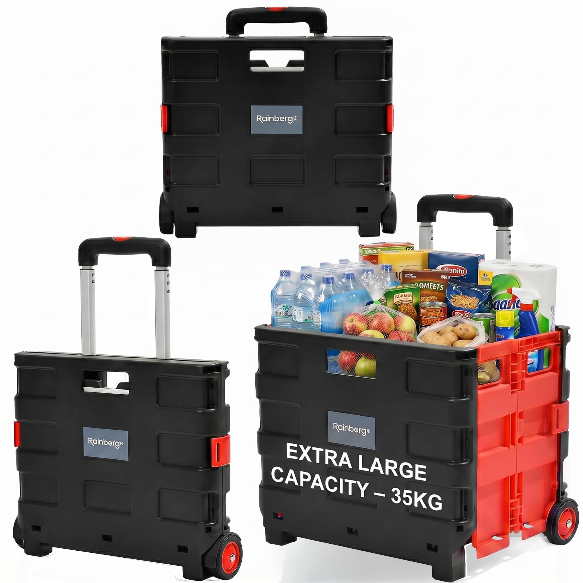 Rainberg Heavy Duty Folding Trolley Box Cart, Folding Shopping Trolley and Shopping Crate, Folding Boot Cart, Extra Large Size, Folds Flat, Capacity 35kg (Extra Large)