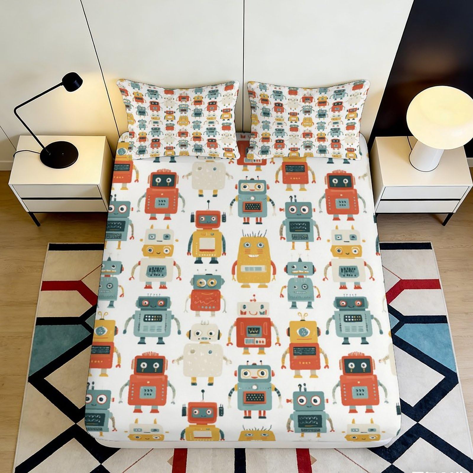 Jqzkxnhpbr Style-10 3D Printed Colorful Robot Fitted Sheet Microfiber Soft Breathable Cartoon Bed Cover For Bedroom Dorm Decor 90X200x25cm