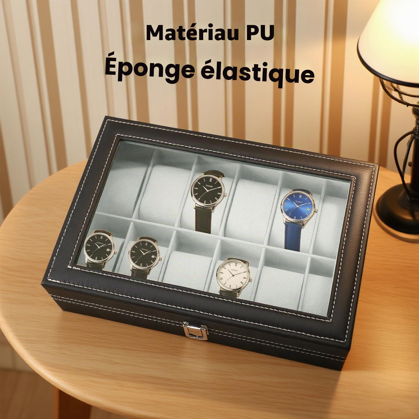 Boîte à Montres 12 Emplacements Coffret à Montres en PU Cuir avec Coussinets Amovibles Rangement Montre Universel Homme Femme Cadeau Anniversaire Action de Grâce