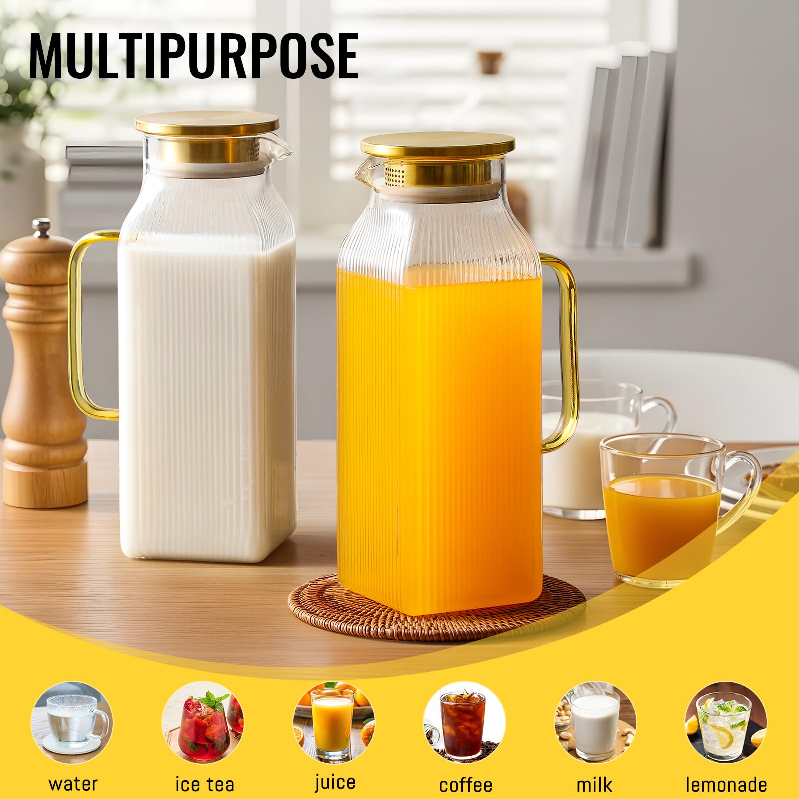 Confezione da 4 brocche quadrate in vetro da 2 litri con coperchio, classiche a righe con manico per frigorifero, brocca grande per tè freddo, caffè, caraffa in vetro borosilicato per bevande calde