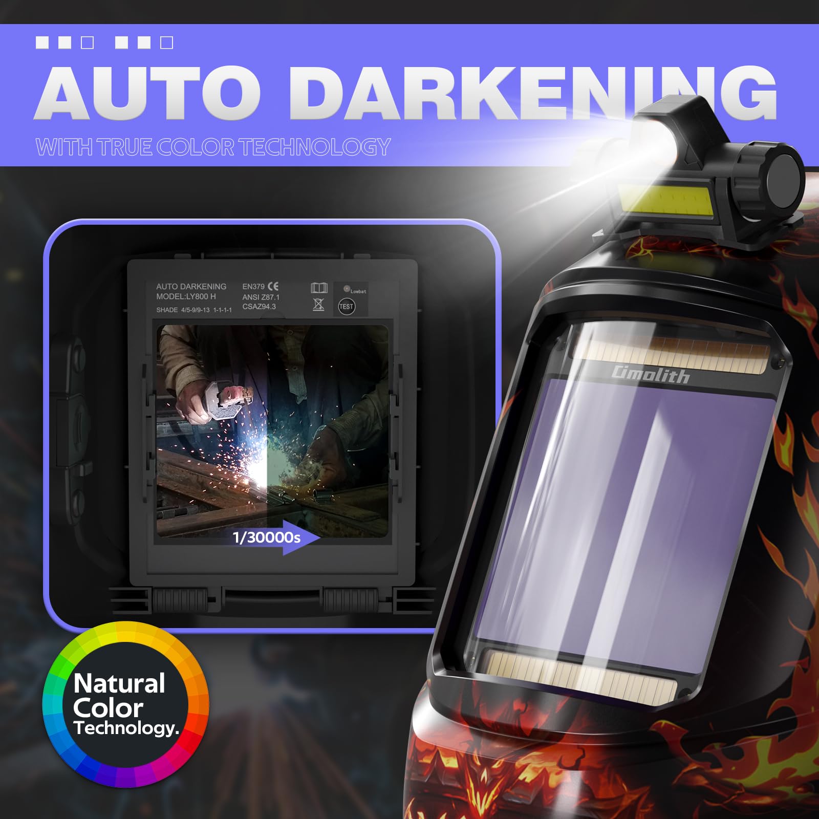 Casco de soldadura de color verdadero con luz, 4 sensores de arco de oscurecimiento automático, pantalla ancha 4/5-9/9-13 para TIG MIG, máscara de soldadura de soldadura de arco de 3.93 x 3.66