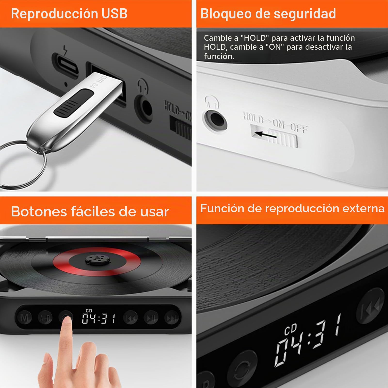 Kavolet Reproductor de CD portátil Walkman BT Reproductor de música Reproductor de CD con Cubierta a Prueba de Polvo, Incluye Auriculares, 6 Modos, Temporizador de repetición AB, Mando a Distancia,