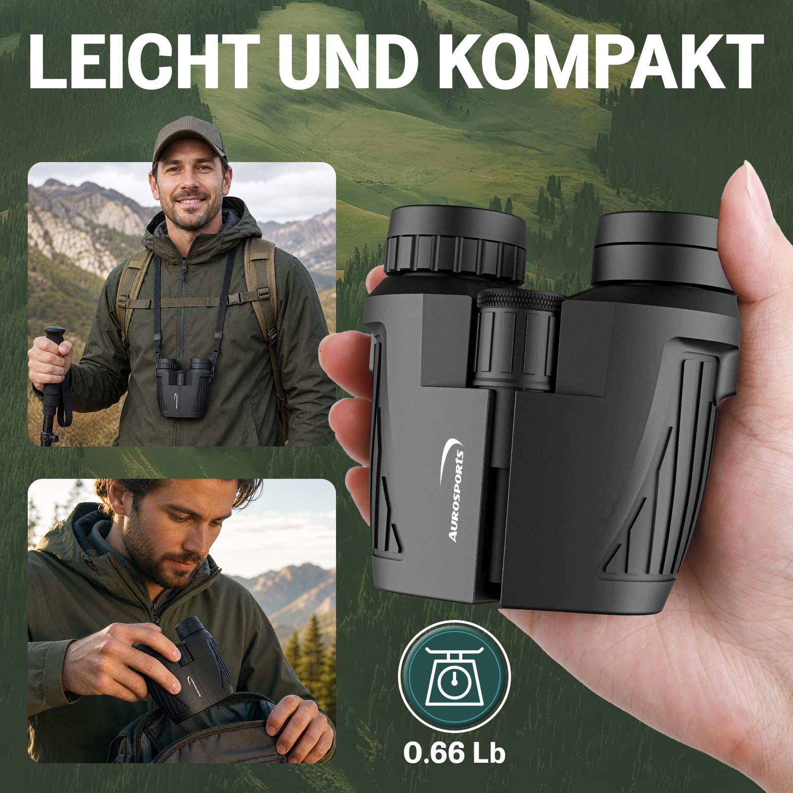 Aurosports Fernglas 15x25 Kompakt Fernglas für Kinder Erwachsene Ferngläser | Klein, Hochauflösend, Einfacher Fokus, Vogelbeobachtung, Reisen Jagd, Konzerte, Camping, Theater, Sportüberwachung, Schwarz