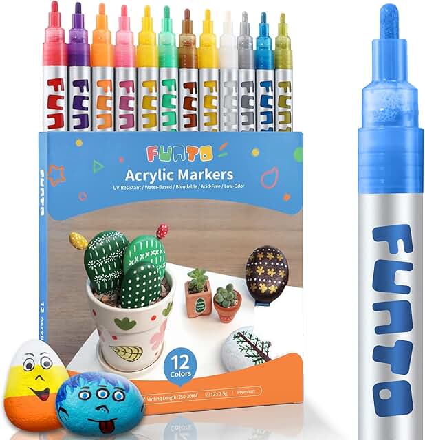 Funto Acrylic Paint Pens for Rock Painting, Fabric, Wood, Canvas, Metal, Ceramic, Glass, Scrapbooking Craft,12 Colors Pain...